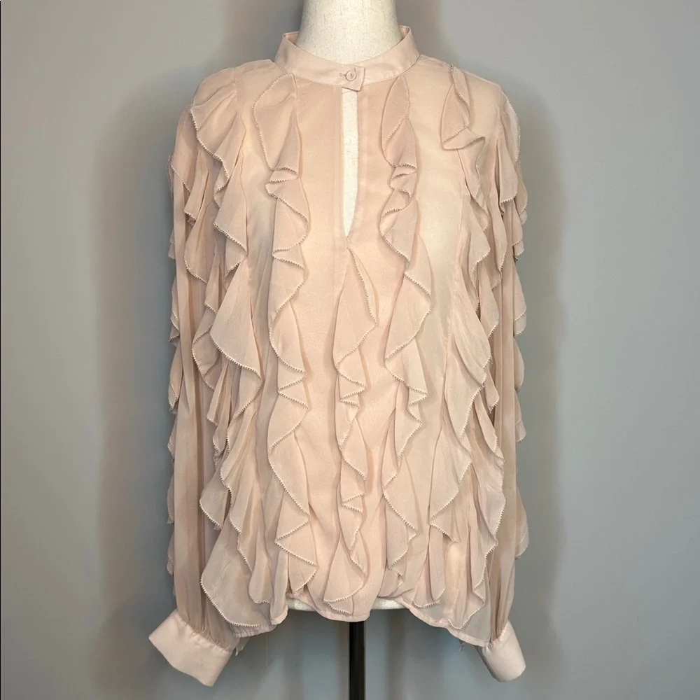 Sz M BCBG Maxazria blush pink ruffled long sleeve key hole sheer blouse